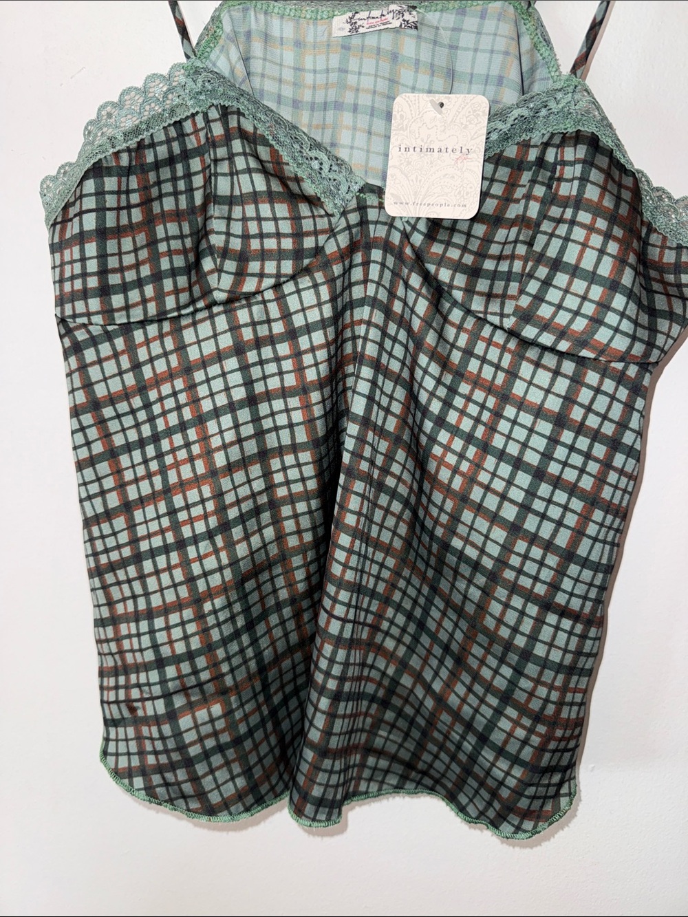 Free People Plaid Lace-Trim Green Camisole - Picture 3 of 5